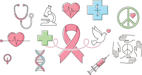 Medical and Healthcare Line Icon Set for Awareness Projects on Transparent Background