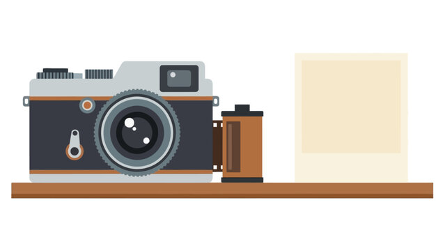 Retro camera and film roll on wooden shelf in flat modern design