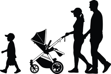 Family walking silhouette with parents pushing baby stroller and child ahead, vector illustration isolated on white background, parenting lifestyle concept