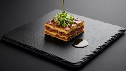 Gourmet Lasagna on Black Slate Plate.