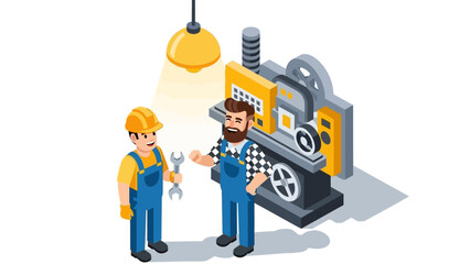 Engineers in workshop discussing machine operations under lamp light