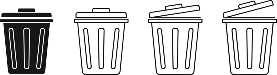 Trash bin icon set showing open and closed lids, garbage container silhouettes, waste management vector illustration isolated on white background