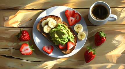 Healthy Breakfast Bowl with Avocado Toast, Fruits, and Coffee in Morning Light