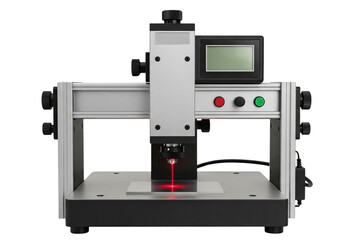 Industrial laser engraving machine marking metal plate with red beam on a transparent background
