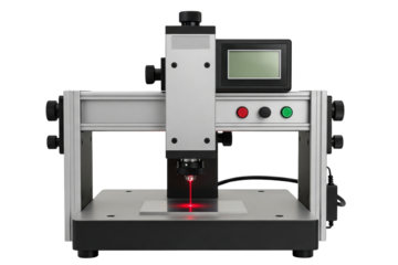 Industrial laser engraving machine marking metal plate with red beam on a transparent background