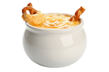 White ceramic pot full of melted cheese fondue with pretzel sticks on a transparent background
