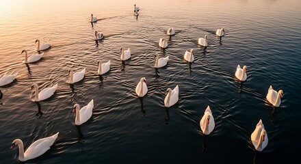 Majestic white swans gliding on calm water during golden hour. © Miftahul Jannah