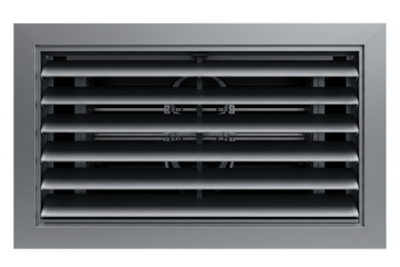 Rectangular grey metal air conditioning vent cover with louvers on a transparent background