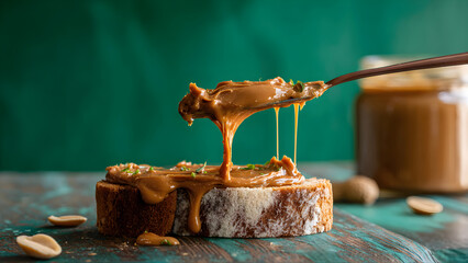 a peanut butter on bread with knife with an instagram-style aesthetic, with the jar in view