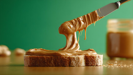 a peanut butter on bread with knife with an instagram-style aesthetic, with the jar in view