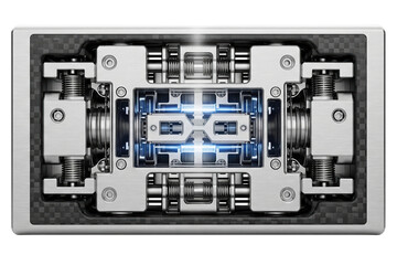 Complex metal mechanical device with springs and glowing blue core on a transparent background