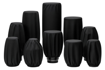 Collection of camera lenses wrapped in black protective fabric covers on a transparent background