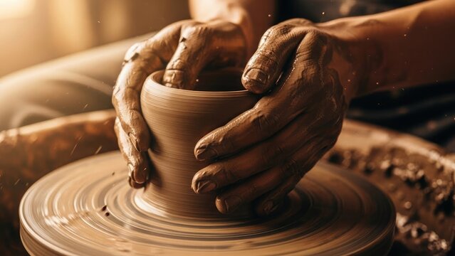 Hands working on the potter's wheel forming a clay pot. The hands are covered in clay, and the wheel is spinning - Powered by Adobe