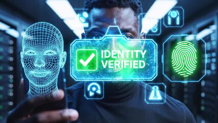 Futuristic man uses a smartphone amid holographic biometric icons in a blue-lit server room framed!! - Powered by Adobe