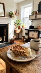 apple pie with cinnamon on a plate on a wooden table in a warm kitchen environment