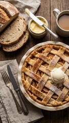 bread and butter with baked apple pie sprinkled with cinnamon served on a rustic wooden table