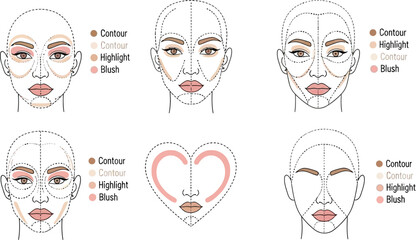 Makeup face maps for highlighting, contouring, and blushing
