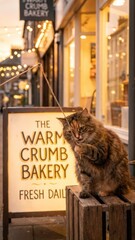 a playful tabby cat sitting in front of a bakery sign with warm lighting background