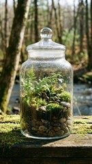 a serene glass jar filled with stones and lush greenery set against blurred natural backdrop