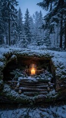 winter forest altar with glowing candle nestled in mossy log during a very quiet evening
