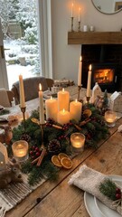 warm candle arrangement on a festive table during winter season with many holiday themed decorations