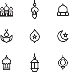 Ramadan Lantern & Islamic Elements Line Icon Set