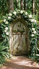 rustic wooden arched door framed by a garland of white hydrangea and green foliage in forest