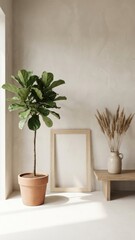 minimalist interior design composition featuring a potted plant empty picture frame and a vase with reeds