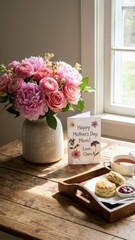 mothers day celebration with pink flowers and a card placed on a clean wooden table