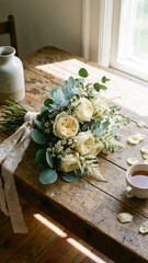 elegant hand tied bouquet of cream roses eucalyptus white filler flowers on a wooden table