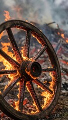 close up of a charred wooden wagon wheel with glowing spokes and intense orange flames