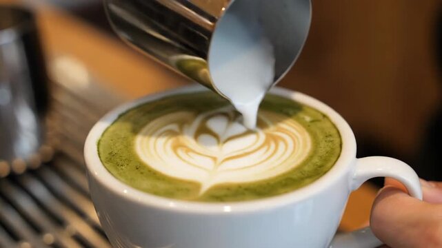 Matcha latte art being made slowly.