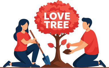 A loving couple planting a love tree on transparent background creative minimal vector