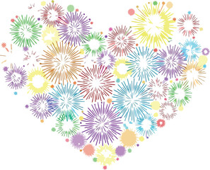 A colorful heart shape made of fireworks clean vector artwork with transparent background
