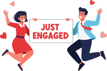 A happy couple jumping and holding a sign that says just engaged clean vector art