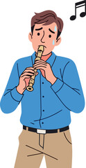 A cartoon man playing a flute on transparent background with musical notes