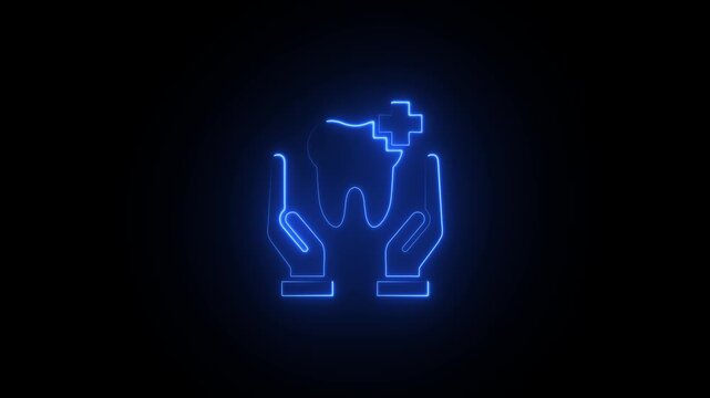 Glowing Blue Neon Tooth with Cross and Hands Medical Dental Symbol