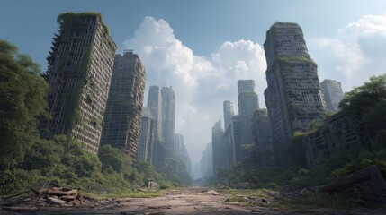 Urban Skyline Featuring Crumbling Buildings Surrounded by Lush Vegetation and Overgrown Nature in a Post-Apocalyptic Setting