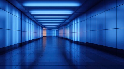 Fototapeta premium A futuristic blue-lit tunnel hallway with reflective glossy floor and neon panels receding into the distance!!