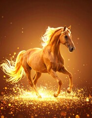 A majestic golden horse gallops gracefully amid a sparkling, vibrant background, showcasing beauty and elegance.