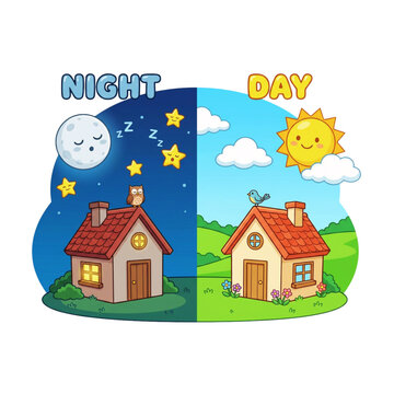 The cartoon illustrates a comparison between day and night; the nighttime half is quiet, while the daytime is joyful.