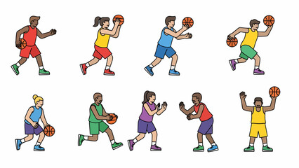 Naklejka premium Diverse group of cartoon characters playing basketball in various action poses on a white background, illustrating different aspects of the sport.