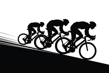 Obraz premium Three cyclists in silhouette race uphill on a bright white background.