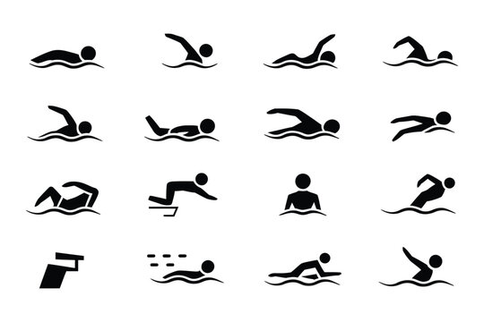 Collection of silhouette icons representing various swimming strokes and actions.