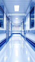 Obraz premium Bright hospital corridor with blue-tinted glass walls, ceiling panels, polished floor, and a long perspective