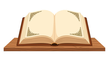 Open ancient ornate book on wooden stand with decorative patterns