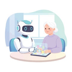 Heartwarming flat style illustration of a faceless robot and a happy elderly man interacting with a holographic display