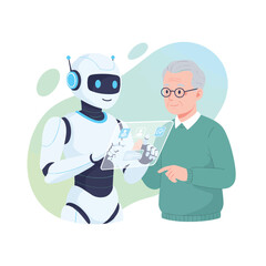 Modern flat vector illustration of a friendly humanoid robot assisting an elderly man with a digital tablet interface