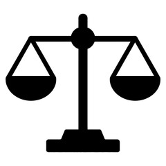 Minimalist black and white justice scale vector icon isolated on white background, representing law, legal services, and the balance of equality.