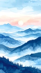 Watercolor landscape depicting mountain range at sunrise